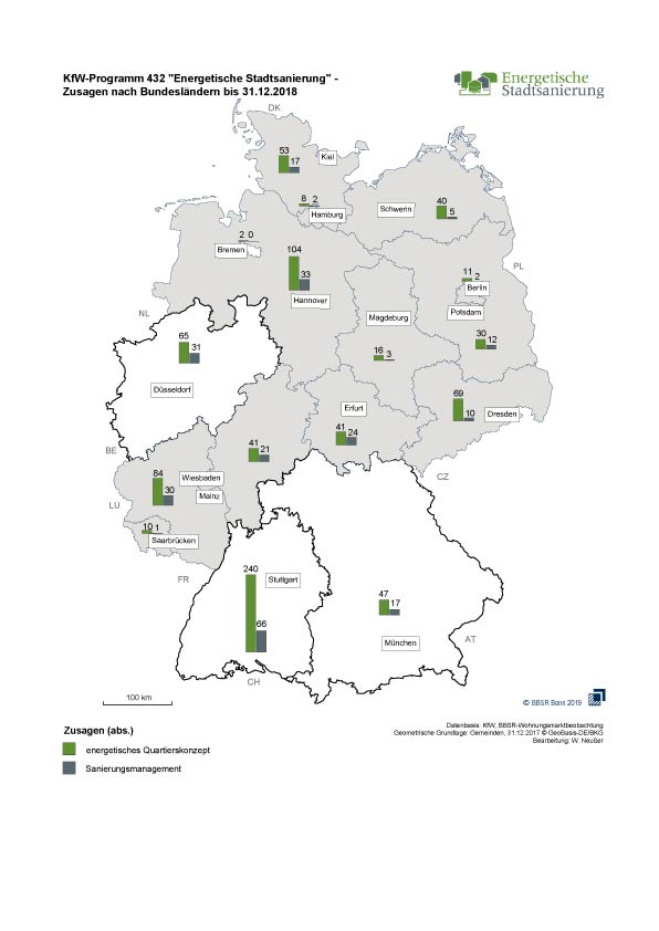 Die Karte zeigt die Zusagen der Kommunen zur Teilnahme am Energetischen Quartierskonzept sowie des Sanierungsmanagements nach Bundesländern